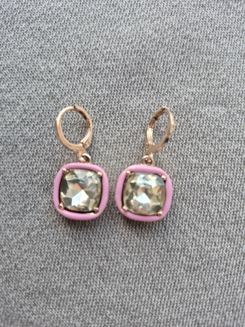 Rose Gold Drop Earrings with Pink Enamel and Clear Crystal